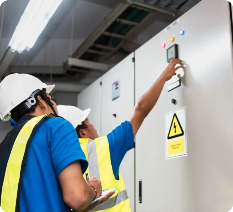 Two men in hard hats and vests noting down electrical safety hazards.