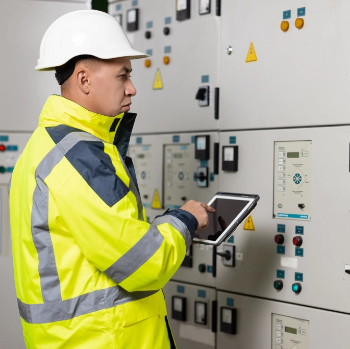 Electrical and arc flash safety analysis being performed by a man in a white hard hat.