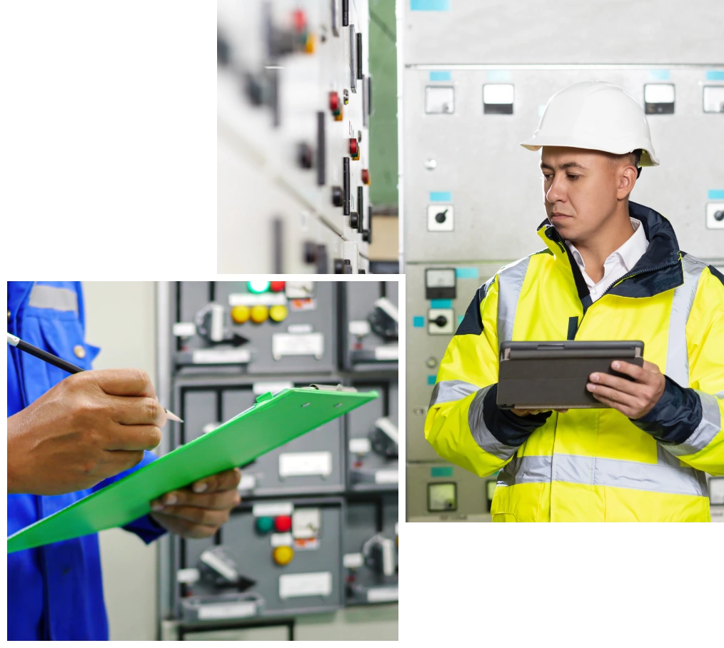 Two photos – both of workers writing on a clipboard or tablet.