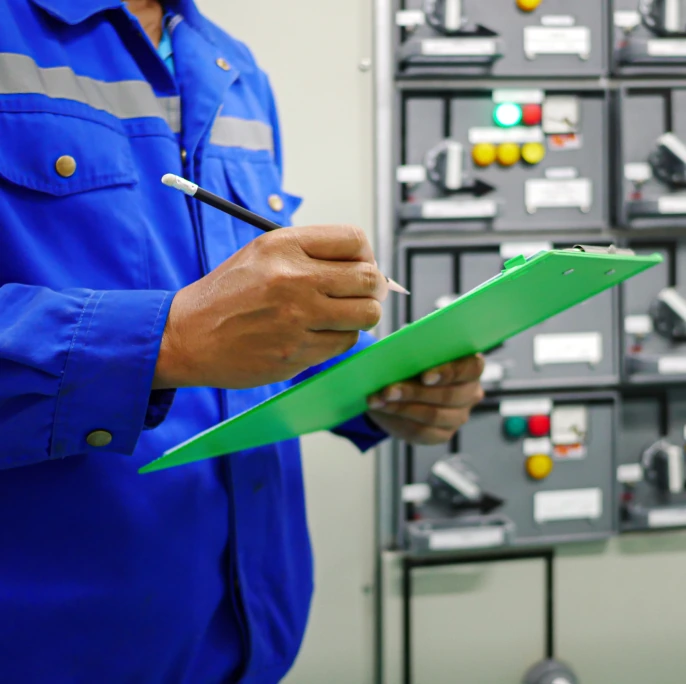 Close-up of a man in a blue safety suit writing on a green clipboard.