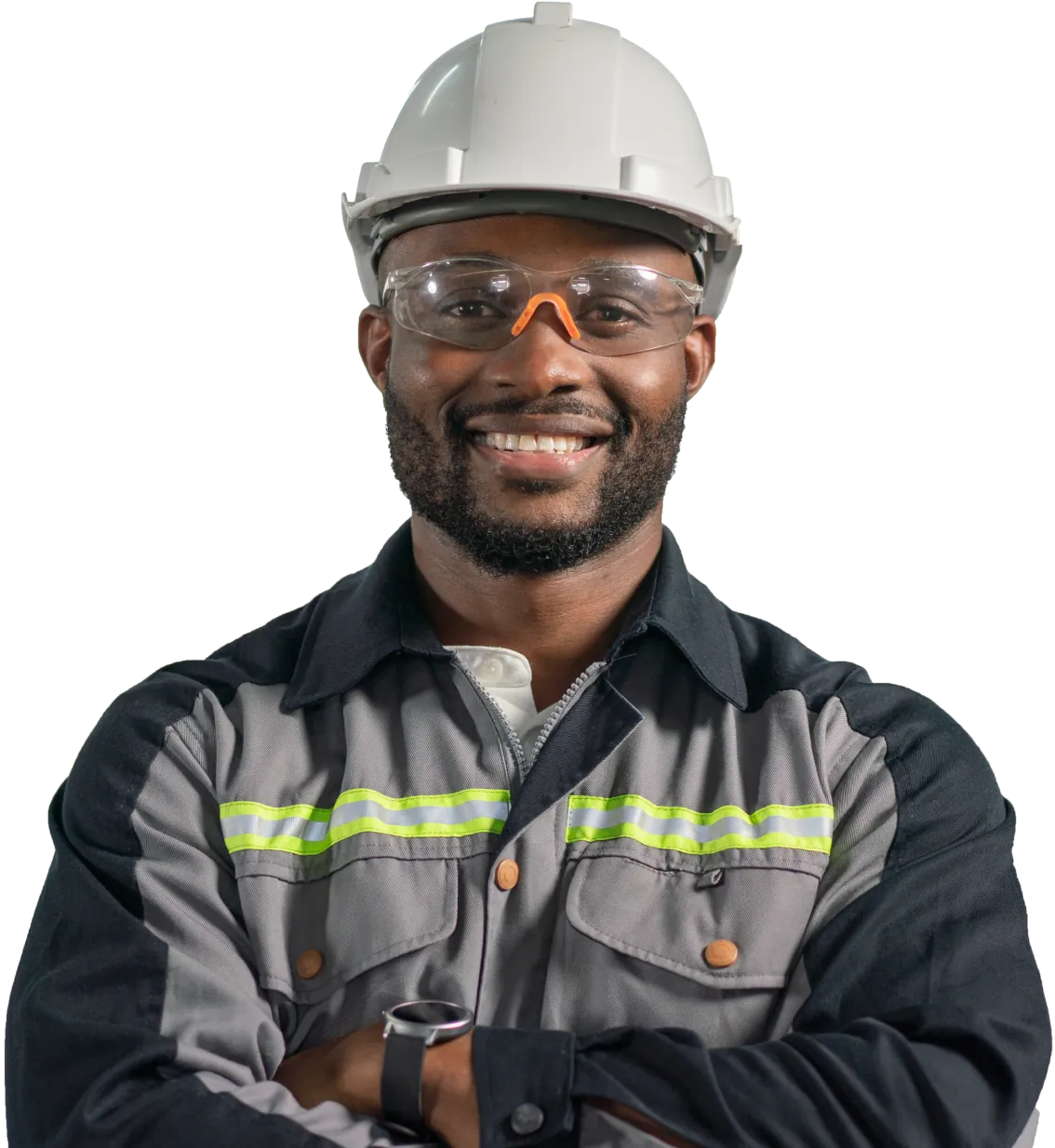 Maintenance worker in a white hard hat smiles at the camera with his arms crossed.